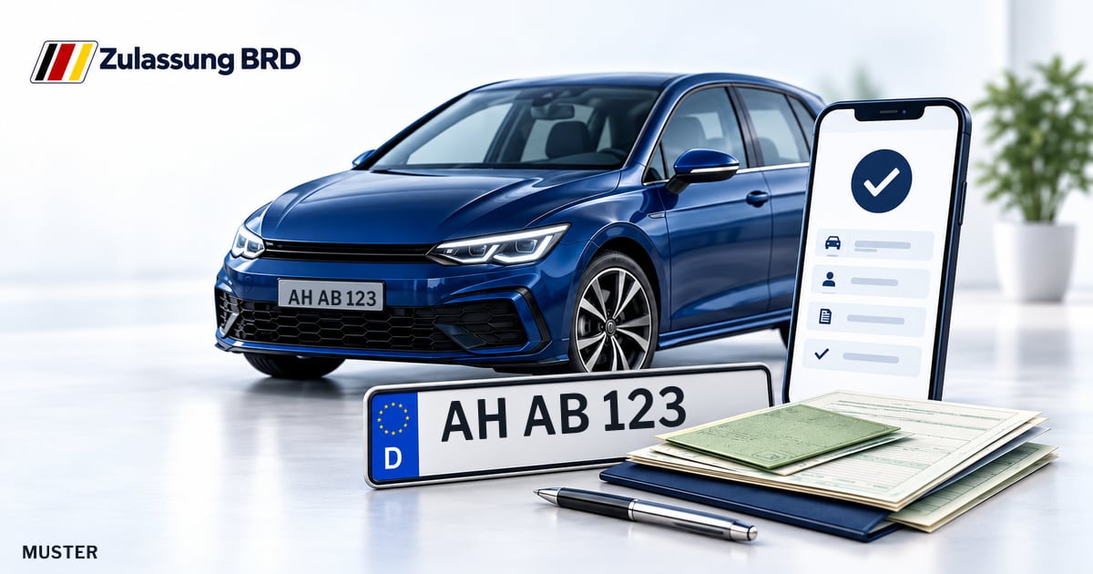 Online Fahrzeugzulassung in Gronau (Westf.): Musterkennzeichen AH AB 123, Auto und Fahrzeugpapiere und Smartphone. Illustration mit Logo von Zulassung BRD.